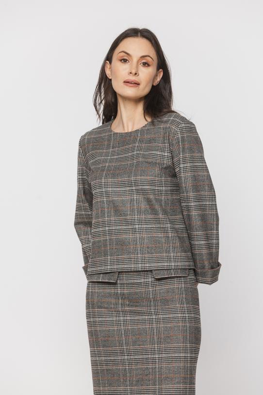 Pudełkowa bluzka w kratkę z wywijanym rękawem - 2