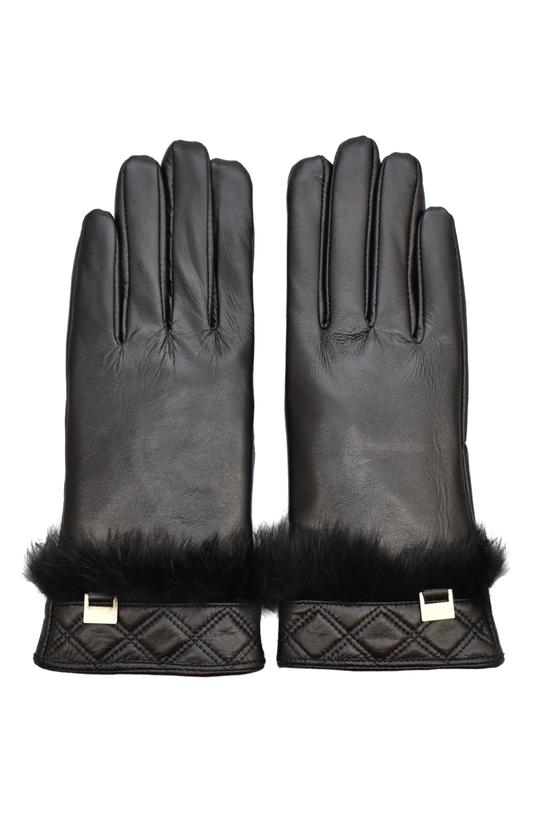 Black leather gloves with elegant fur - 1