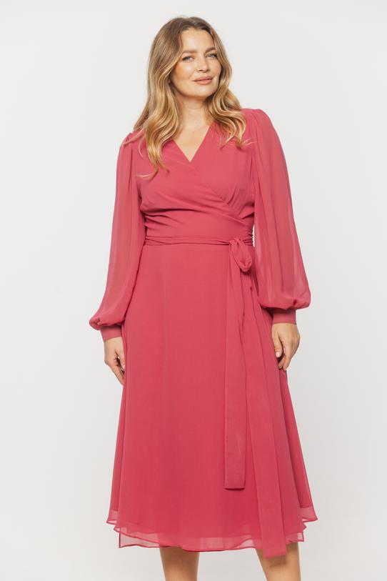 Różowa sukienka z szyfonu o kopertowym fasonie - 2