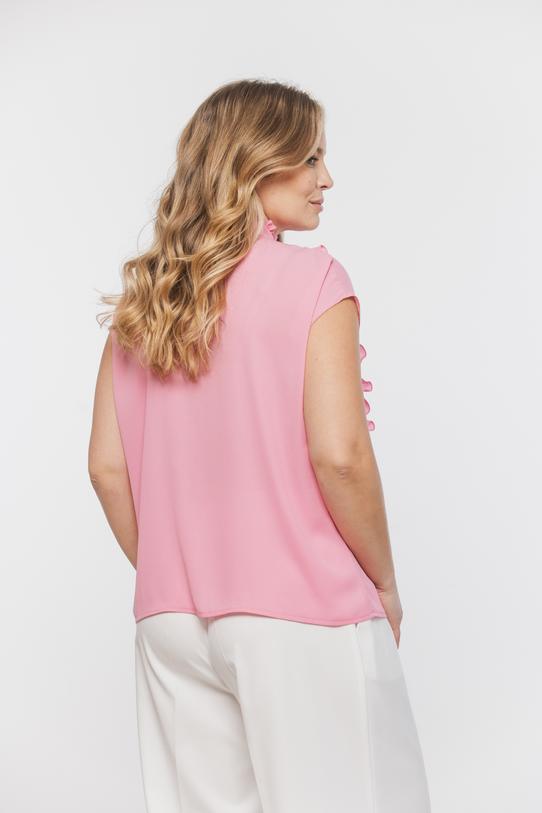 Różowa wizytowa bluzka z falbankami i stójką - 6