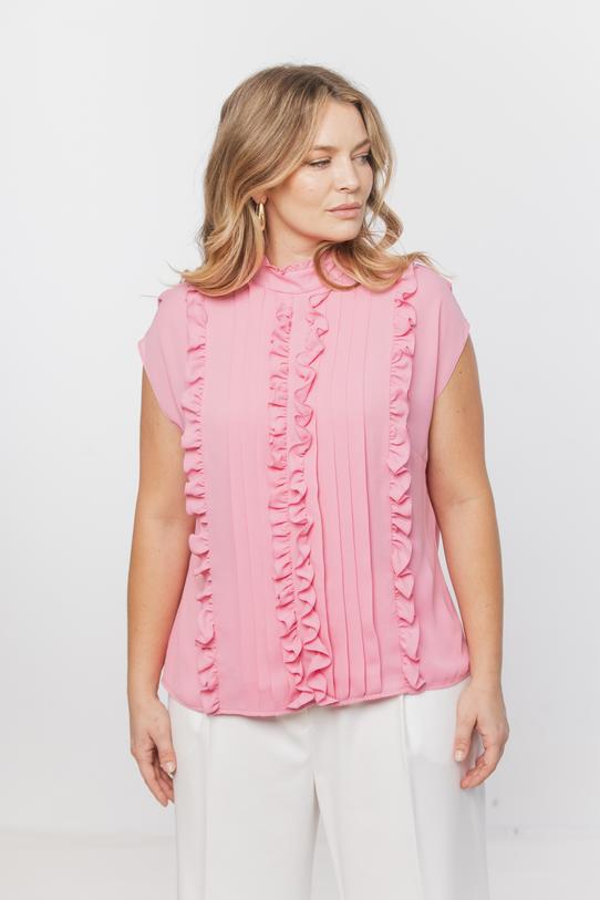 Różowa wizytowa bluzka z falbankami i stójką - 3