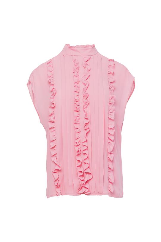 Różowa wizytowa bluzka z falbankami i stójką - 1