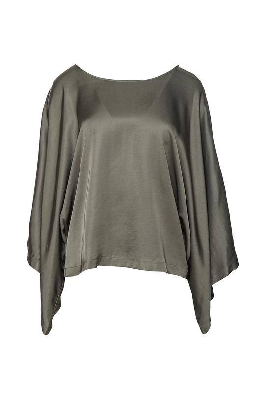 Satynowa bluzka khaki z prostym szerokim rękawem - 1