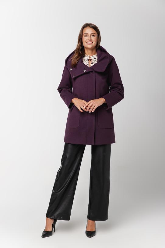 Wizualizacja Śliwkowy ocieplany płaszcz ze stójką i  kapturem