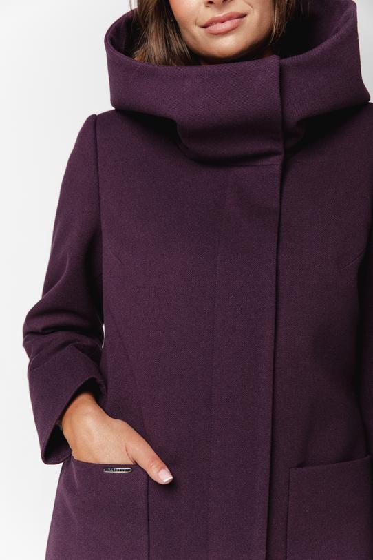 Śliwkowy ocieplany płaszcz ze stójką i  kapturem - 3