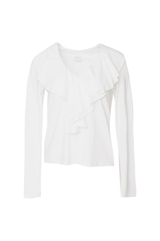 Śmietankowa dzianinowa bluzka z żabotem i długim rękawem - 1