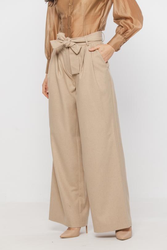 Szerokie beżowe spodnie z zakładami - 2
