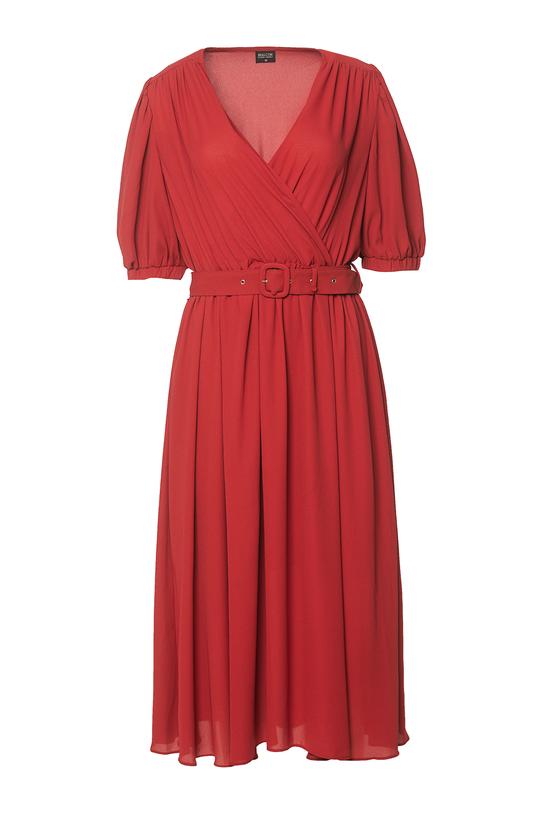 Stylowa ceglana sukienka z bufiastym rękawem i klamrą - 1