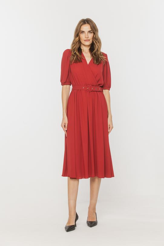 Wizualizacja Stylowa ceglana sukienka z bufiastym rękawem i klamrą