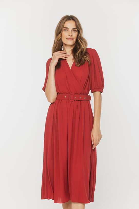 Stylowa ceglana sukienka z bufiastym rękawem i klamrą - 2