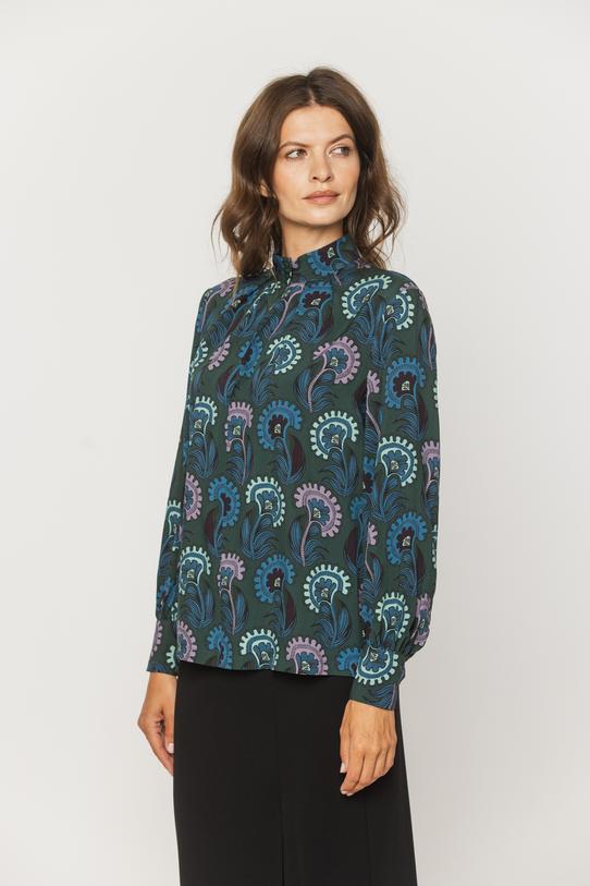 Stylowa ciemnozielona bluzka ze stójką i bufiastymi rękawami - 3