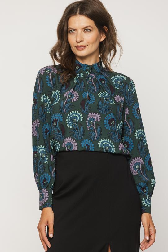 Stylowa ciemnozielona bluzka ze stójką i bufiastymi rękawami - 2