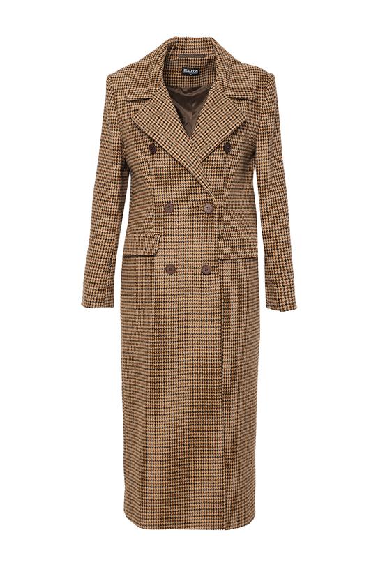 Stylowy długi płaszcz w pepitkę z dodatkiem wełny - 1