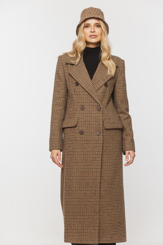 Stylowy długi płaszcz w pepitkę z dodatkiem wełny - 2