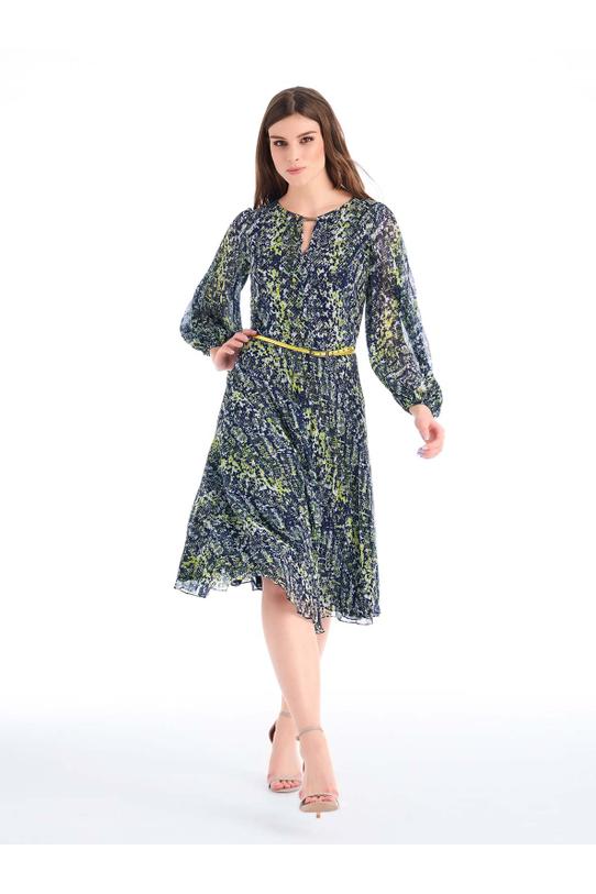 Pleated dress with yellow belt - 1