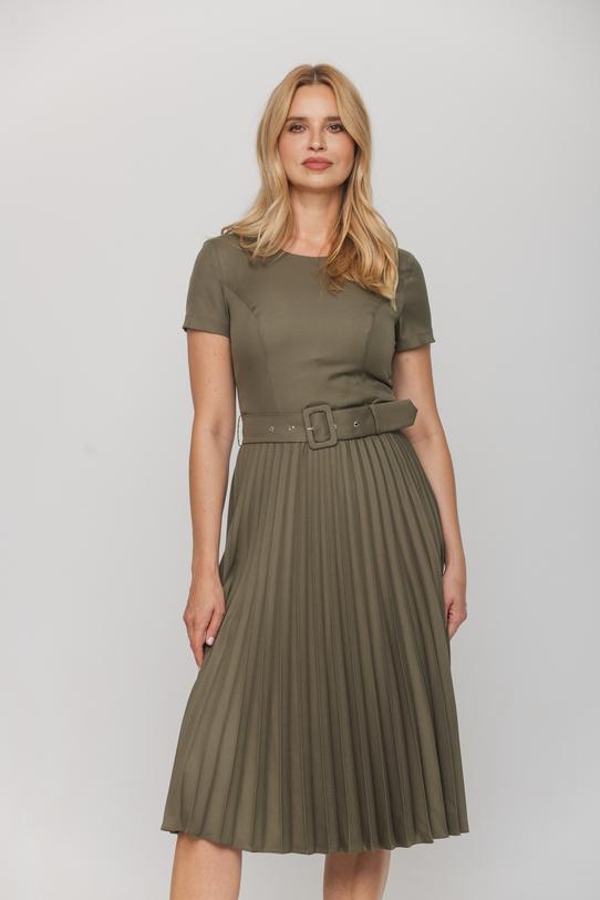 Sukienka solejka z paskiem w kolorze oliwkowym - 2