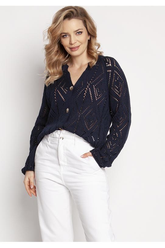 Granatowy sweter o ażurowym splocie