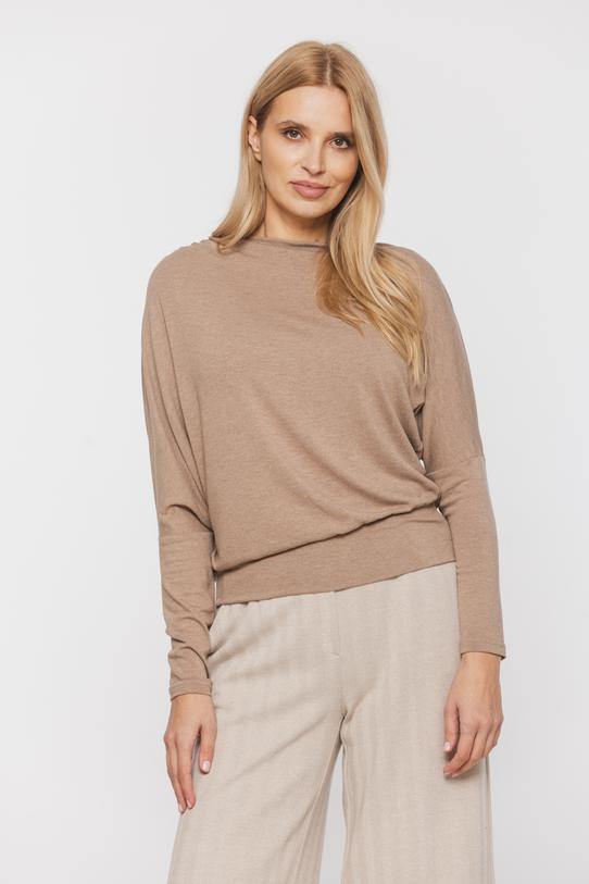 Sweterkowa brązowa bluzka z nietoperzowym rękawem - 2
