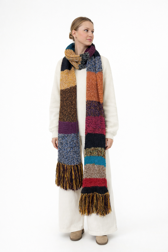 Kolorowy długi ręcznie robiony szal z frędzlami - 1