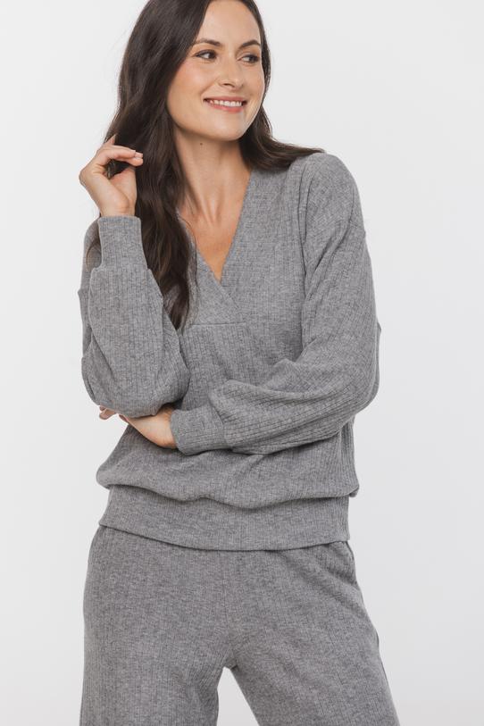 Szara bluzka z ciepłej prążkowanej dzianiny - 4