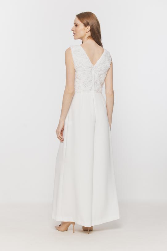 Szykowny długi kombinezon ecru z kwiatami 3D - 3