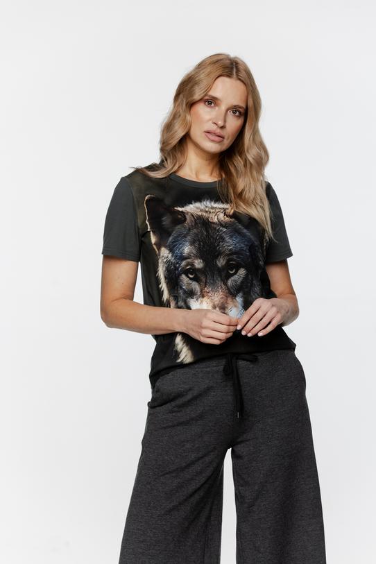 T-shirt khaki z grafiką wilka