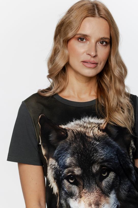 T-shirt khaki z grafiką wilka
