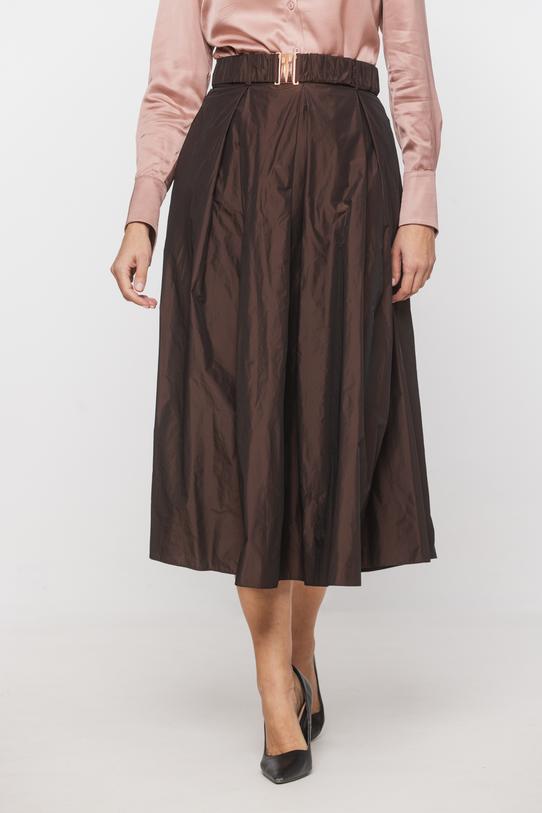 Taftowa brązowa spódnica z kontrafałdami i paskiem - 2