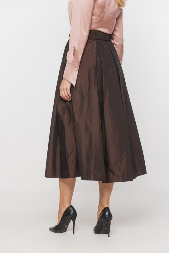 Taftowa brązowa spódnica z kontrafałdami i paskiem - 4