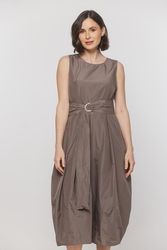 Taftowa sukienka midi z paskiem i kieszeniami - 2