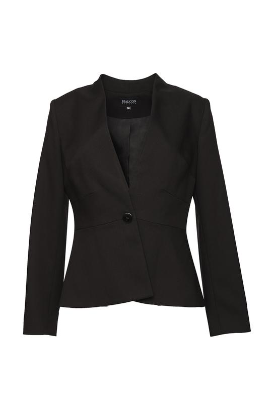 Taliowany czarny żakiet  bez kołnierza w nowoczesnym stylu - 1