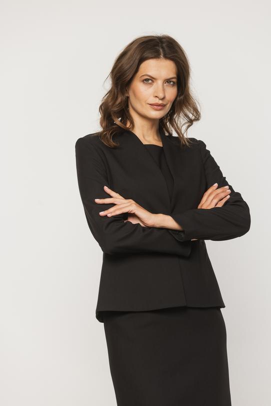 Taliowany czarny żakiet  bez kołnierza w nowoczesnym stylu - 2