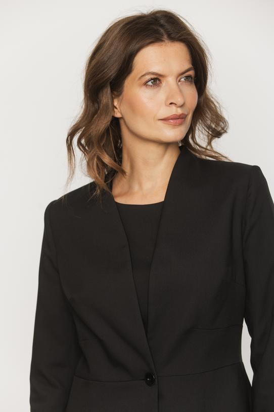 Taliowany czarny żakiet  bez kołnierza w nowoczesnym stylu - 3