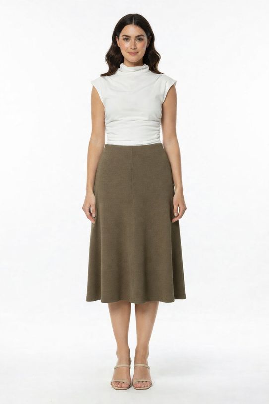 Wizualizacja Trapezowa spódnica midi z ciemnozielonej dzianiny