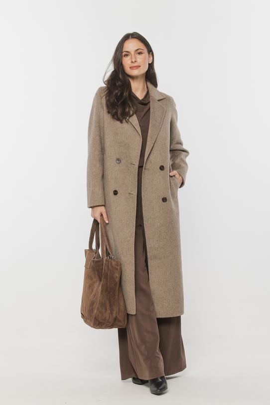 Wizualizacja Wełniany beżowy płaszcz zapinany dwurzędowo