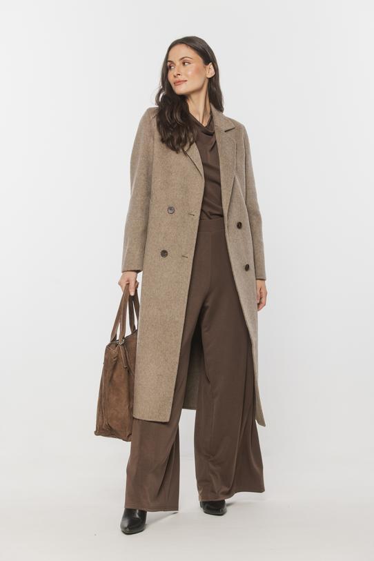 Wełniany beżowy płaszcz zapinany dwurzędowo - 2