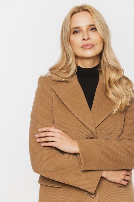 Wełniany ciemnobeżowy płaszcz z patkami i zapięciem na guziki - 5