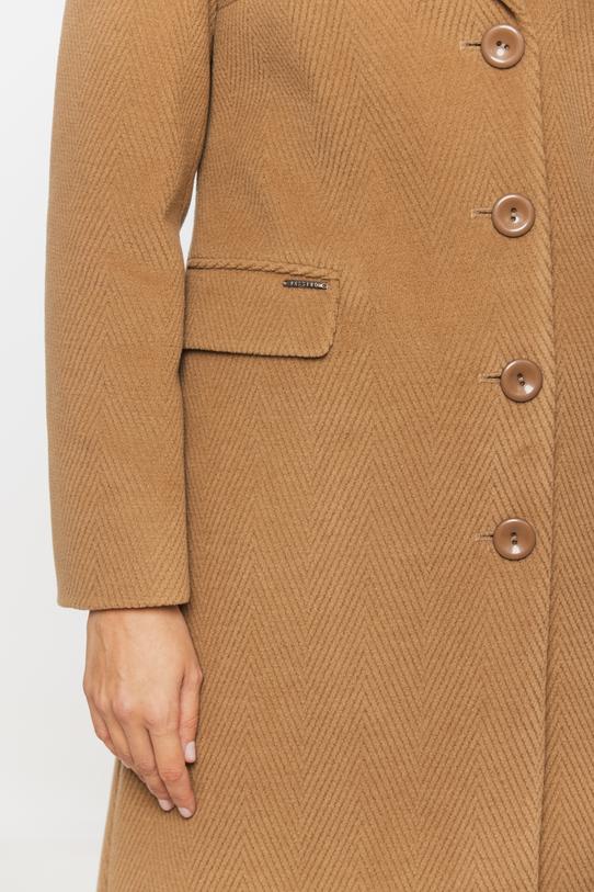 Wełniany ciemnobeżowy płaszcz z patkami i zapięciem na guziki - 6