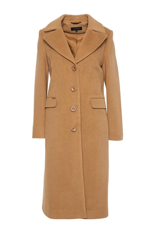 Wełniany ciemnobeżowy płaszcz z patkami i zapięciem na guziki - 1
