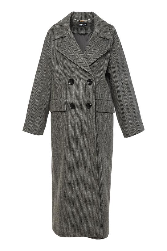 Wełniany dwurzędowy szary płaszcz w jodełkę - 1
