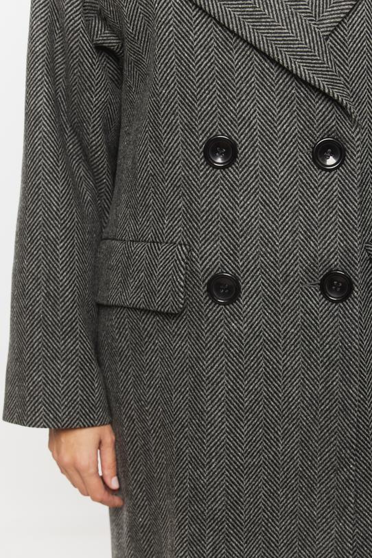 Wełniany dwurzędowy szary płaszcz w jodełkę - 5