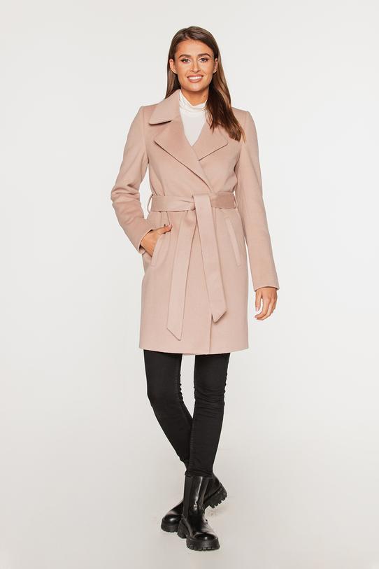 Wizualizacja Wełniany krótki płaszcz beżowy z paskiem w talii