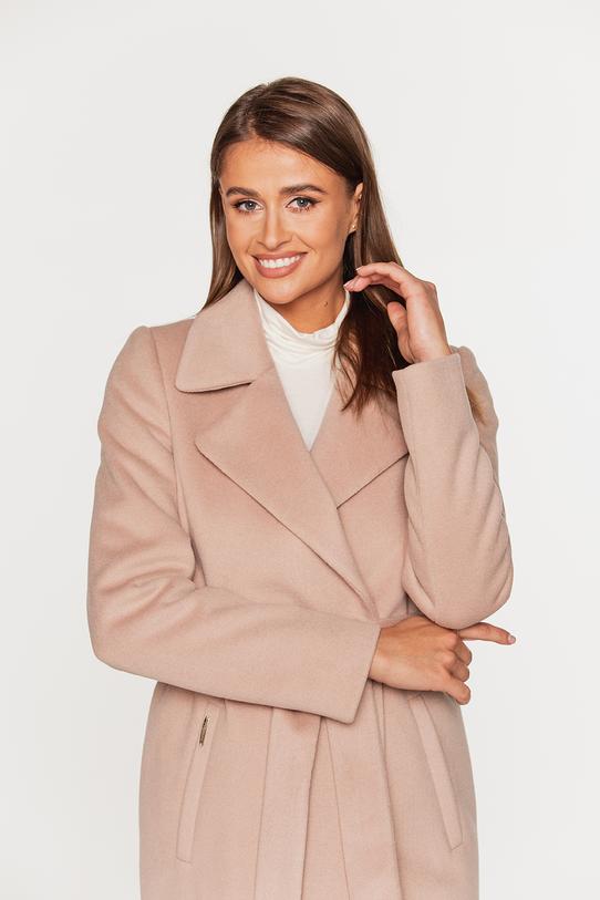 Wełniany krótki płaszcz beżowy z paskiem w talii - 1