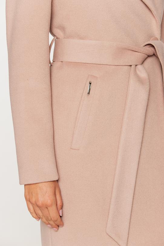 Wełniany krótki płaszcz beżowy z paskiem w talii - 3