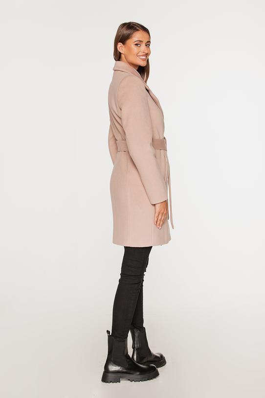 Wełniany krótki płaszcz beżowy z paskiem w talii - 2
