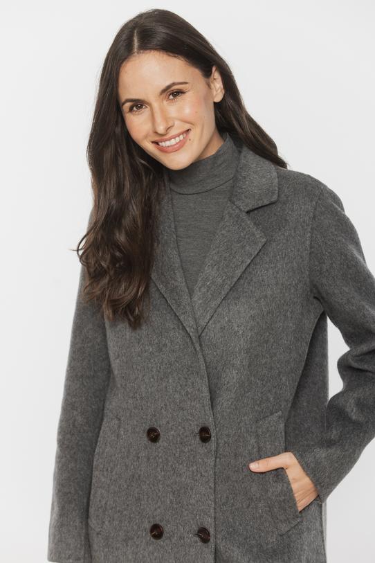 Wełniany szary płaszcz zapinany dwurzędowo - 5