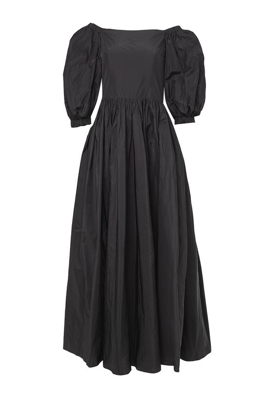 Wieczorowa czarna sukienka z tafty z marszczeniem i bufkami - 1