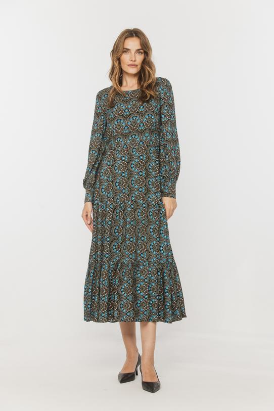 Wizualizacja Wiskozowa falbaniasta sukienka midi z odcięciem w talii