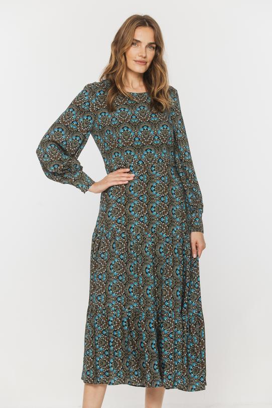 Wiskozowa falbaniasta sukienka midi z odcięciem w talii - 2