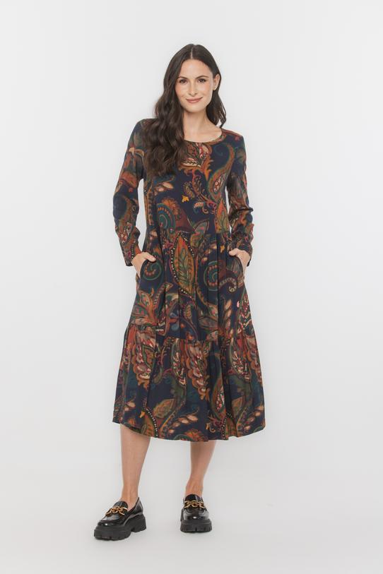 Wizualizacja Wiskozowa trapezowa sukienka z falbanami i długim rękawem